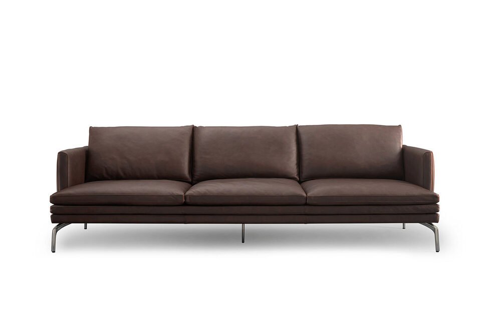 Albani Divani Notting Hill Italian brown leather three-seater sofa with chrome legs, modern design at ArkNova Interiors Paphos showroom in Cyprus