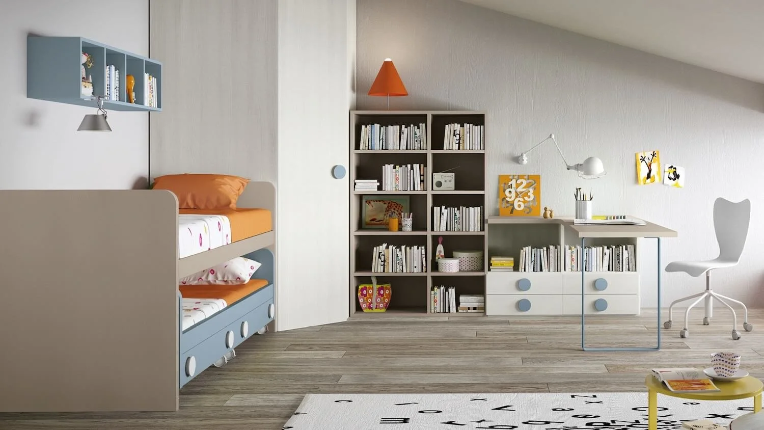 Italian Siloma Set K24 modern children's bedroom in gray and orange with modular shelving at ArkNova Interiors Paphos Cyprus