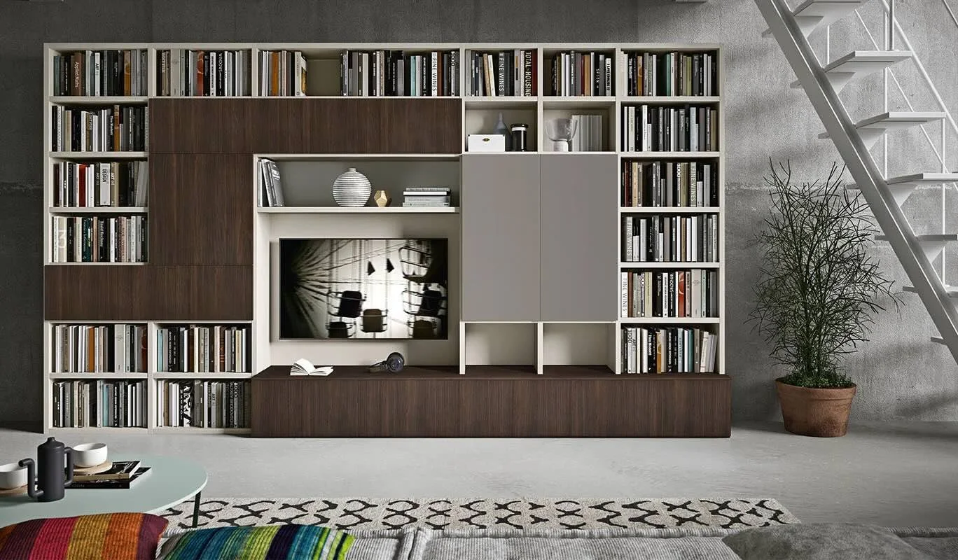 Cinquepuntozero BK03 Italian white and dark wood wall bookcase with integrated TV at ArkNova Interiors Paphos showroom in Cyprus