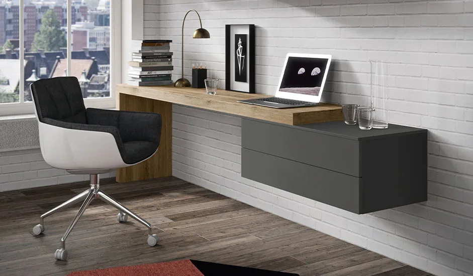 Cinquepuntozero Bench System Italian floating wood desk console in gray with office chair at ArkNova Interiors Paphos showroom in Cyprus