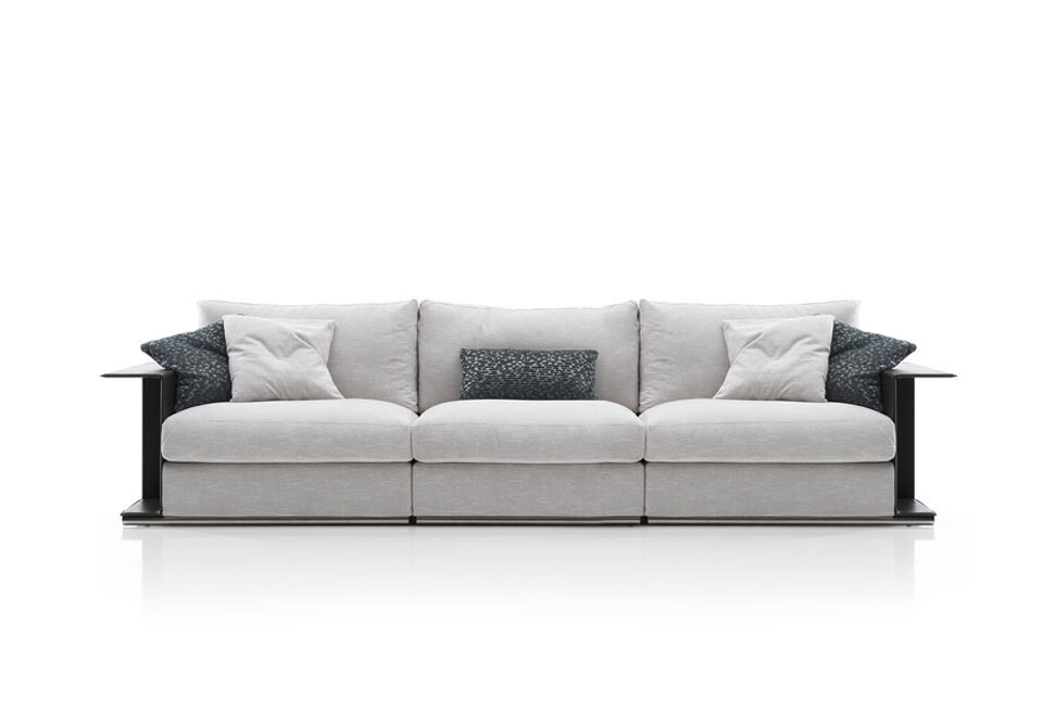 Albani Divani 8 Flap Italian light gray three-seater sofa with side tables and decorative pillows, modern design at ArkNova Interiors Paphos showroom in Cyprus