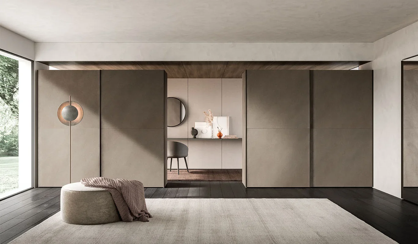 Italian Cinquepuntozero Dama Door modern hinged wardrobe doors in warm taupe finish at ArkNova Interiors Paphos showroom in Cyprus
