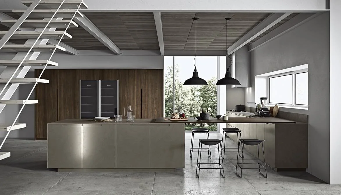 Antares Cucine AS10 Line Italian open-plan kitchen with large island, bar stools and modern industrial design in Paphos, Cyprus by ArkNova Interiors