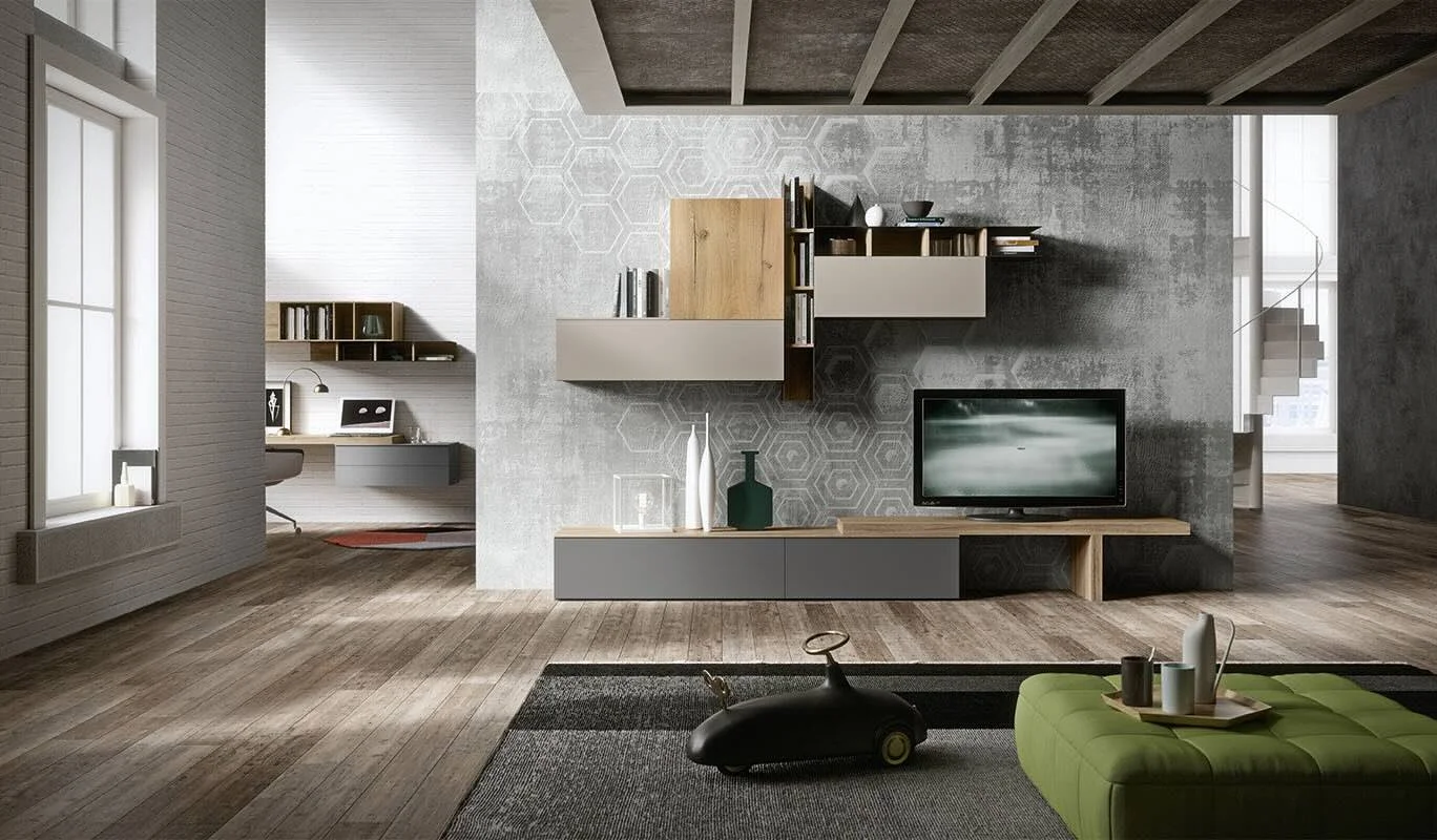 Cinquepuntozero LK08 Italian light wood floor-standing TV console with wall-mounted cabinets at ArkNova Interiors Paphos showroom in Cyprus