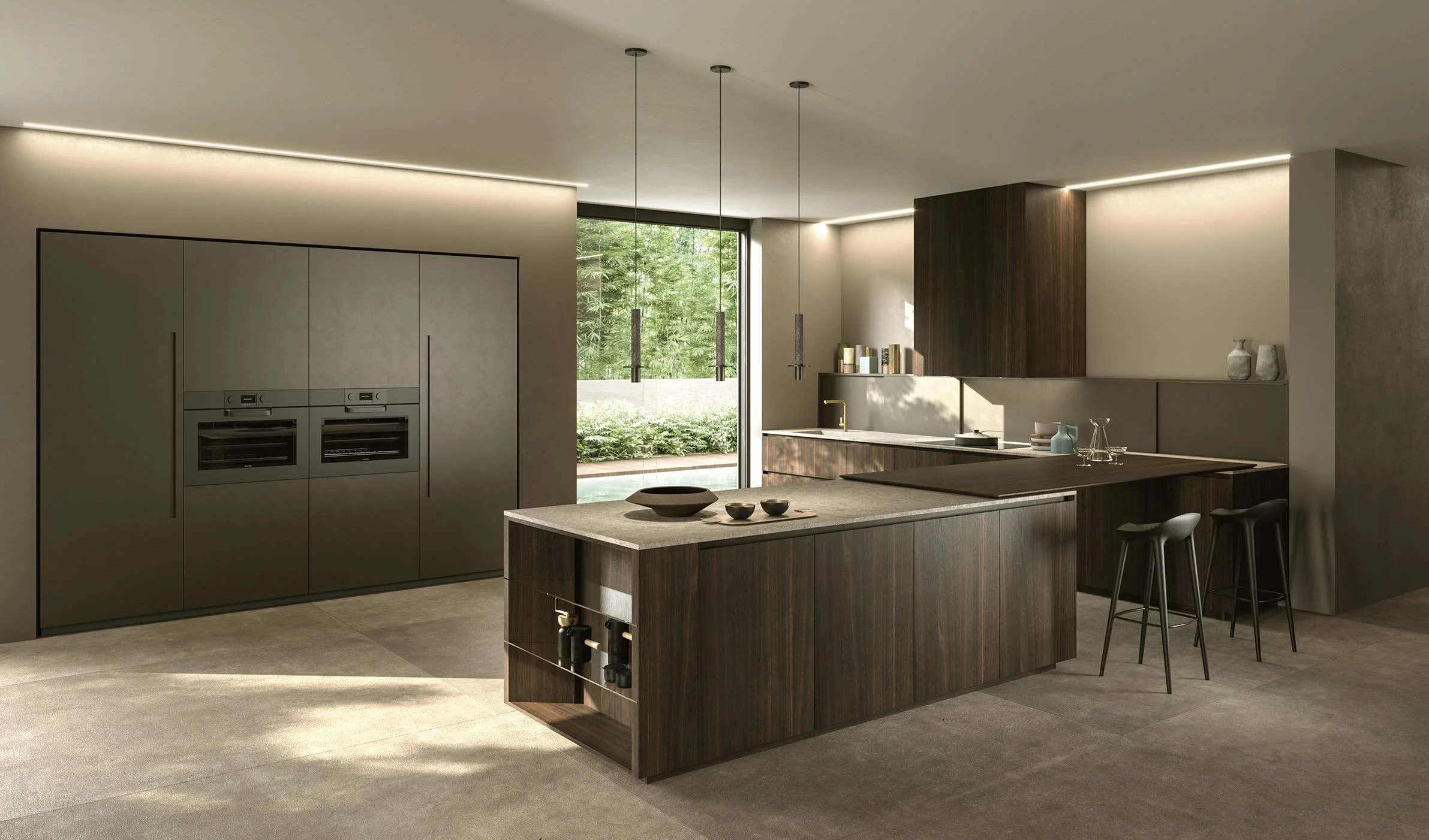 Antares Cucine Sistema Italian kitchen with dark wood island and tall cabinets, available at ArkNova Interiors Cyprus