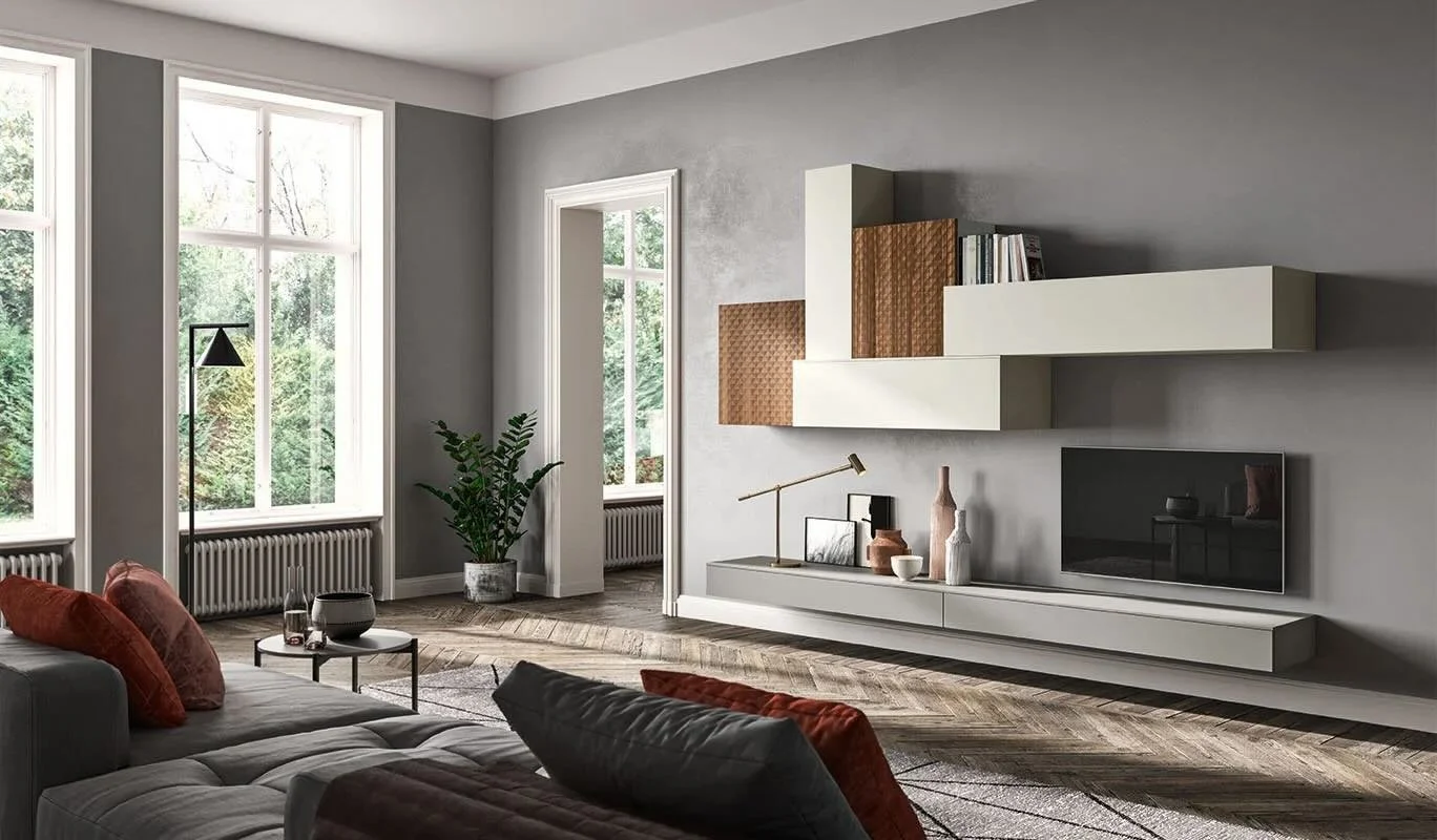 inquepuntozero LK03 Italian white modular suspended TV wall unit at ArkNova Interiors Paphos showroom in Cyprus