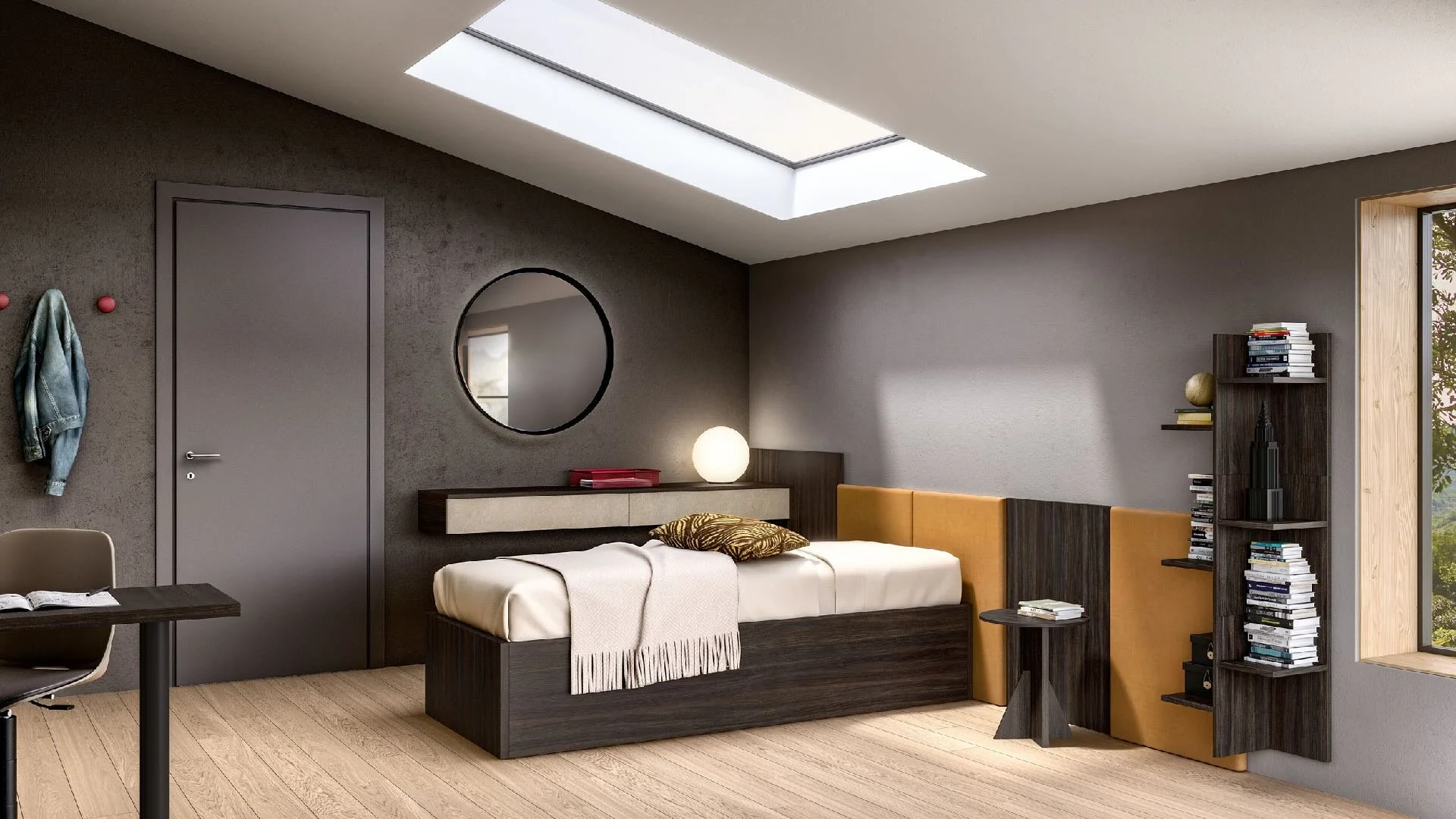 Siloma Set Y06 Italian kids bedroom in dark wood with upholstered headboard and wall storage – ArkNova Interiors Cyprus