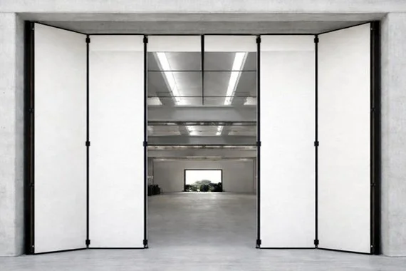 Novoferm SGT Gates Italian white folding industrial doors open to warehouse at ArkNova Interiors Paphos Cyprus