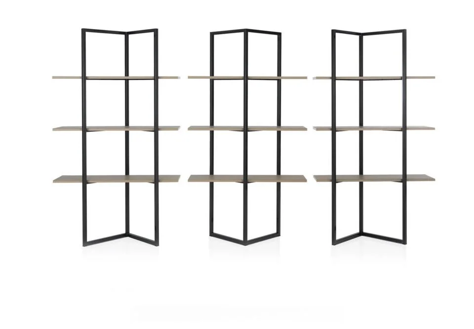 Italian Albani Divani Wind modern black metal and wood modular shelving system at ArkNova Interiors Paphos showroom in Cyprus