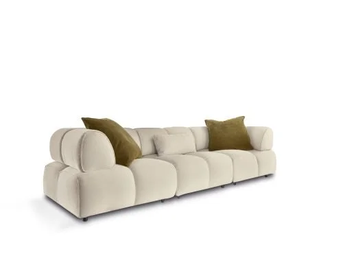 Miki Ferrari Quasar Italian beige modular sectional sofa with olive pillows, contemporary design at ArkNova Interiors Paphos showroom in Cyprus