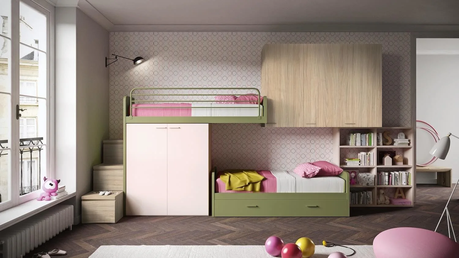 Italian Siloma Set K25 children's bunk bed bedroom in pink and green with wardrobe and storage at ArkNova Interiors Paphos showroom in Cyprus