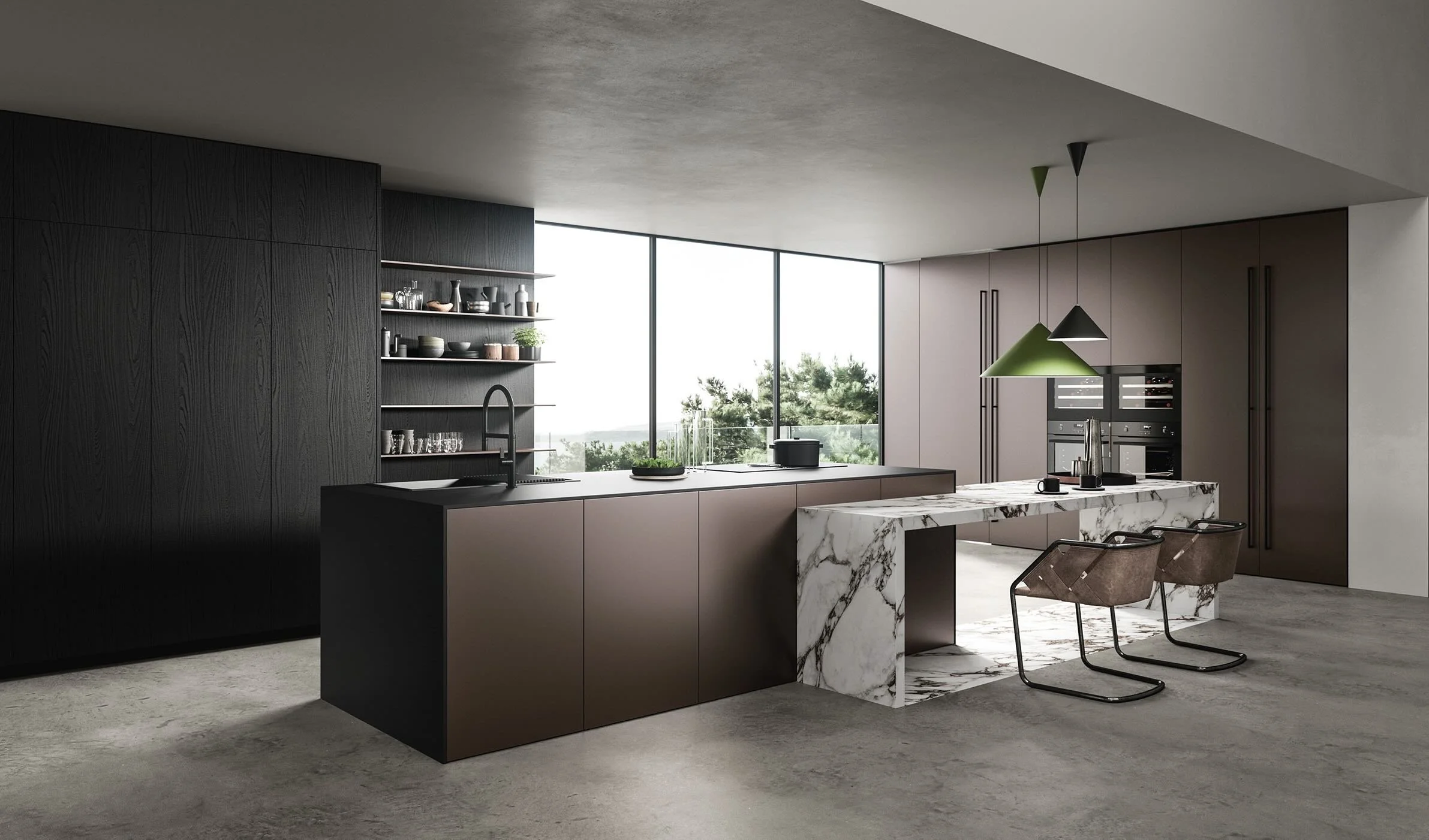 Antares Cucine AS10 EASY PLUS Italian kitchen black wood cabinetry with integrated sink and marble breakfast bar, sea view, Paphos Cyprus by ArkNova Interiors