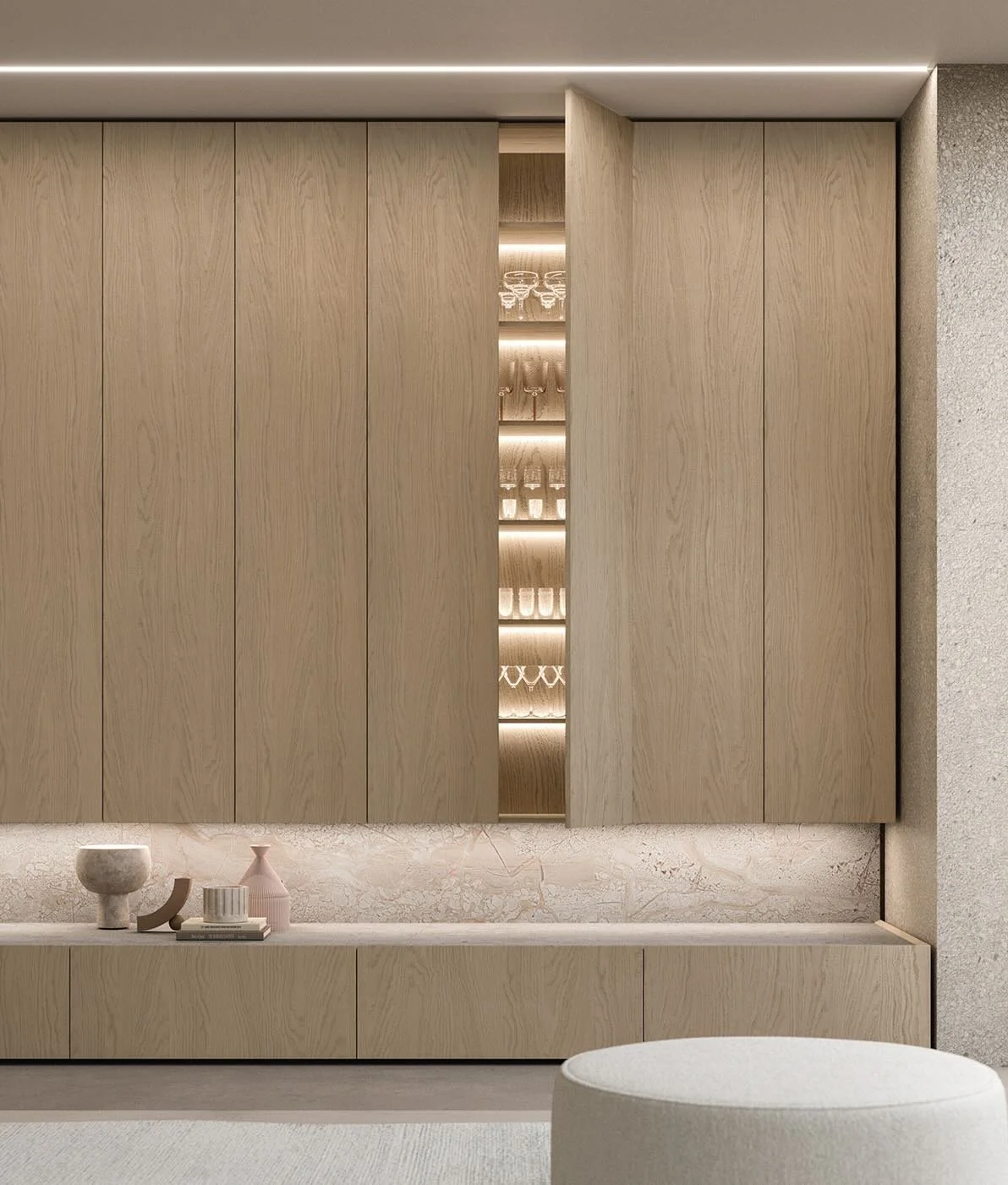 Antares Cucine TK 22 Wood Italian living room tall wood cabinets with illuminated glass shelf, available at ArkNova Interiors Cyprus