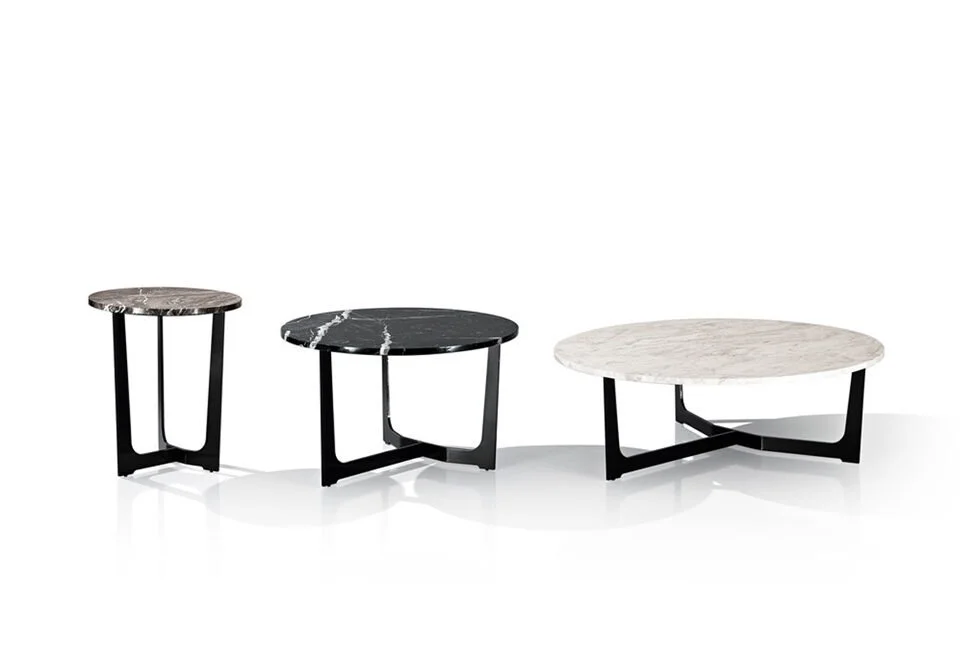 Albani Divani Skorpion Italian set of three round marble coffee tables with black metal bases at ArkNova Interiors Paphos showroom in Cyprus
