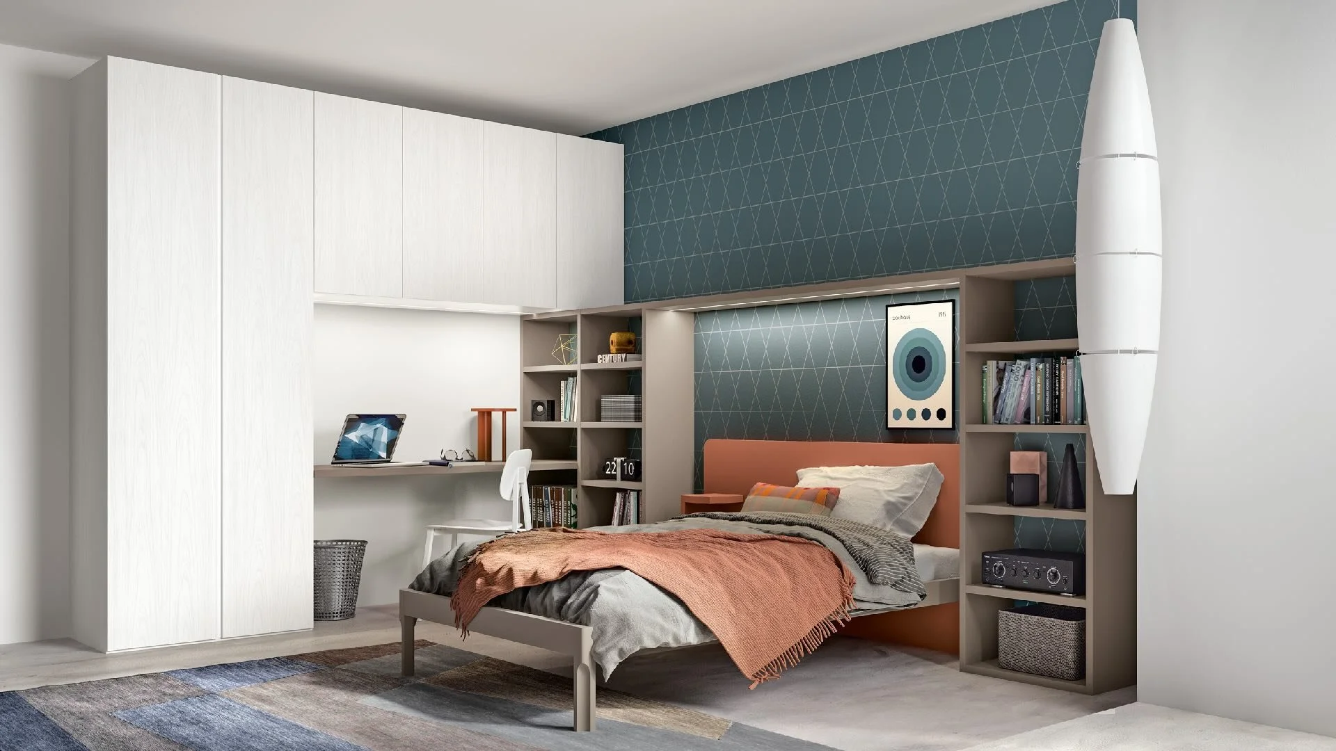 Siloma Set Y11 Italian kids bedroom with orange upholstered headboard, desk and modular storage – ArkNova Interiors Cyprus