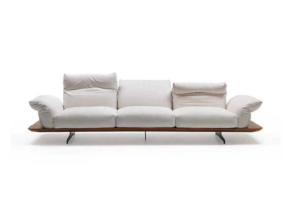 Albani Divani Contemporaneo 20 Plus Italian white three-seater sofa with wood platform base, modern design at ArkNova Interiors Paphos showroom in Cyprus