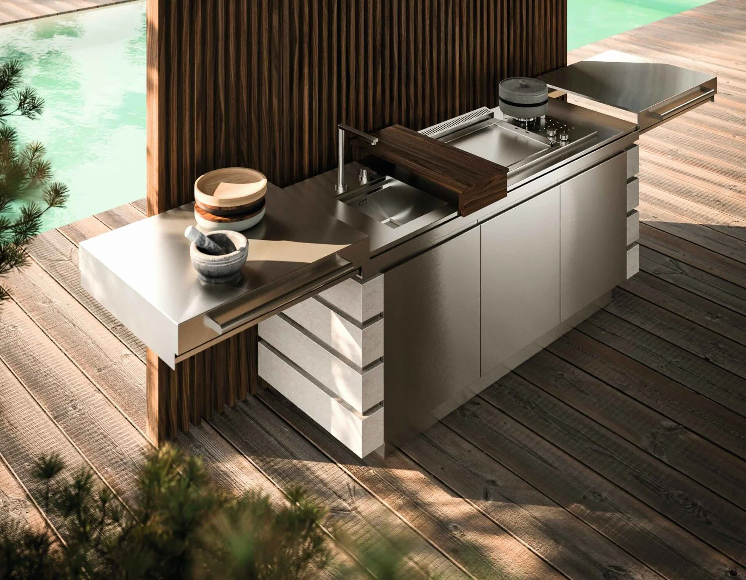 Antares Cucine Acciaio Outdoor Italian outdoor kitchen island with stainless steel and stone finish, available at ArkNova Interiors Cyprus