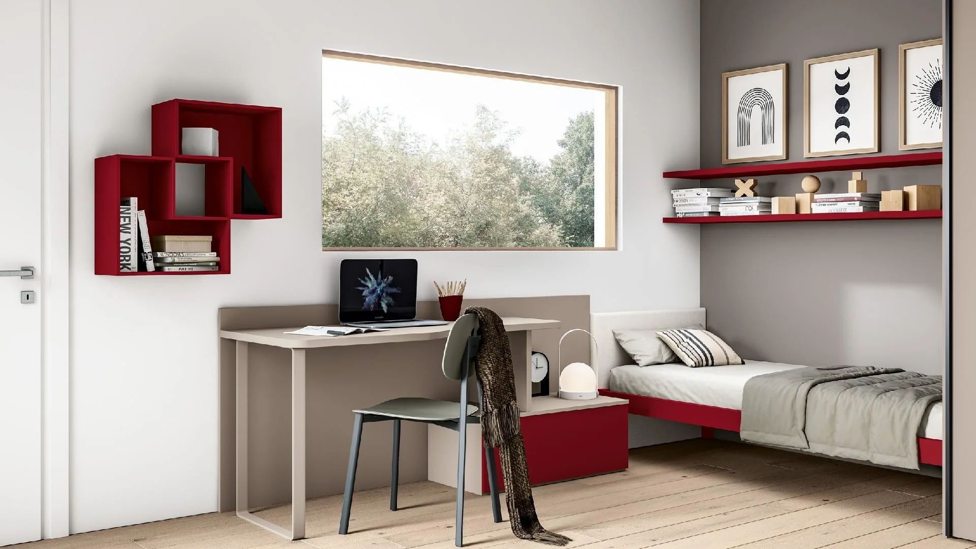 Siloma Set K02 Italian kids bedroom with red modular shelves, desk and single bed – ArkNova Interiors Cyprus