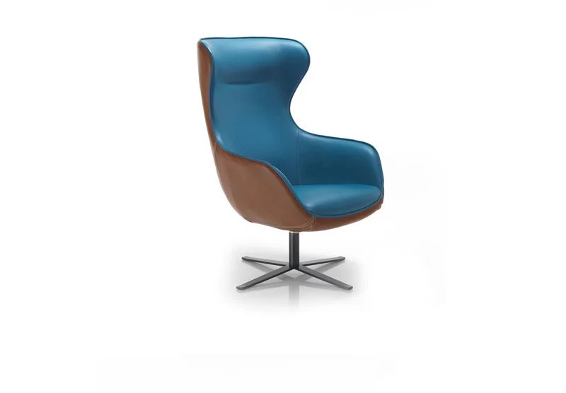 Albani Divani Ginevra Italian blue and brown leather swivel armchair at ArkNova Interiors Paphos showroom in Cyprus