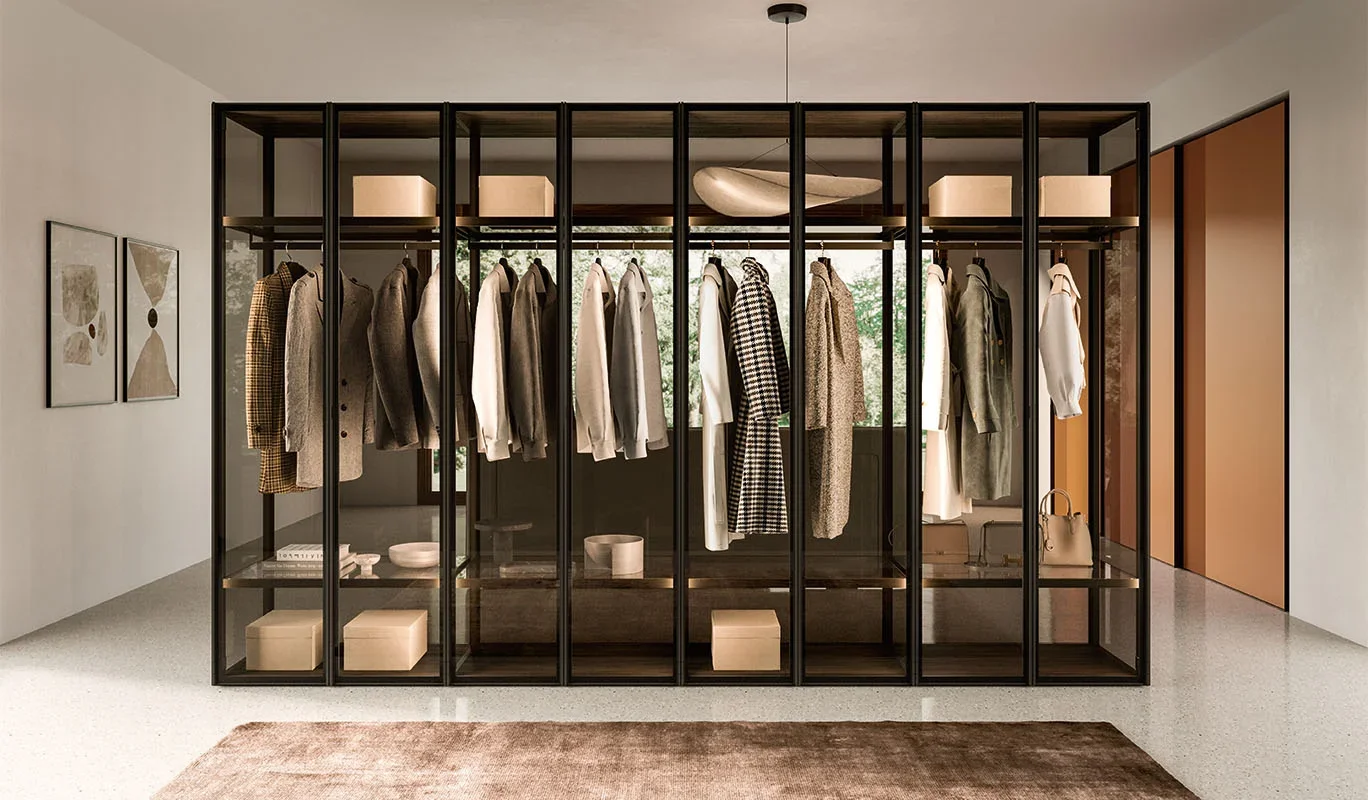 Italian Cinquepuntozero Teca Wardrobe glass display wardrobe with open structure at ArkNova Interiors Paphos showroom in Cyprus