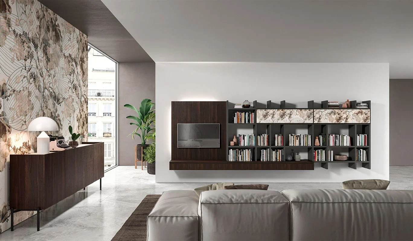 Cinquepuntozero BK06 Italian dark wood wall bookcase with TV and storage at ArkNova Interiors Paphos showroom in Cyprus