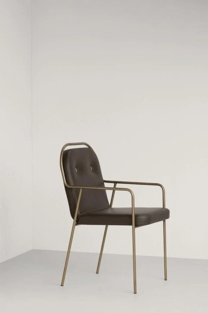 Frag Olimpia P Italian brown leather dining armchair with brass frame at ArkNova Interiors Paphos showroom in Cyprus