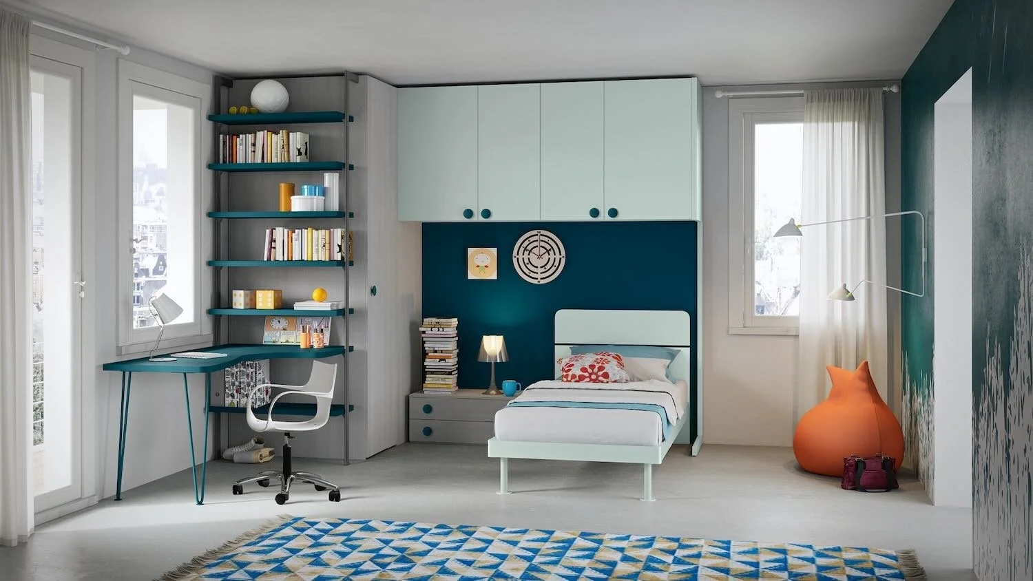Italian Siloma Set K19 children's bedroom in mint and blue with study desk and storage at ArkNova Interiors Paphos showroom in Cyprus