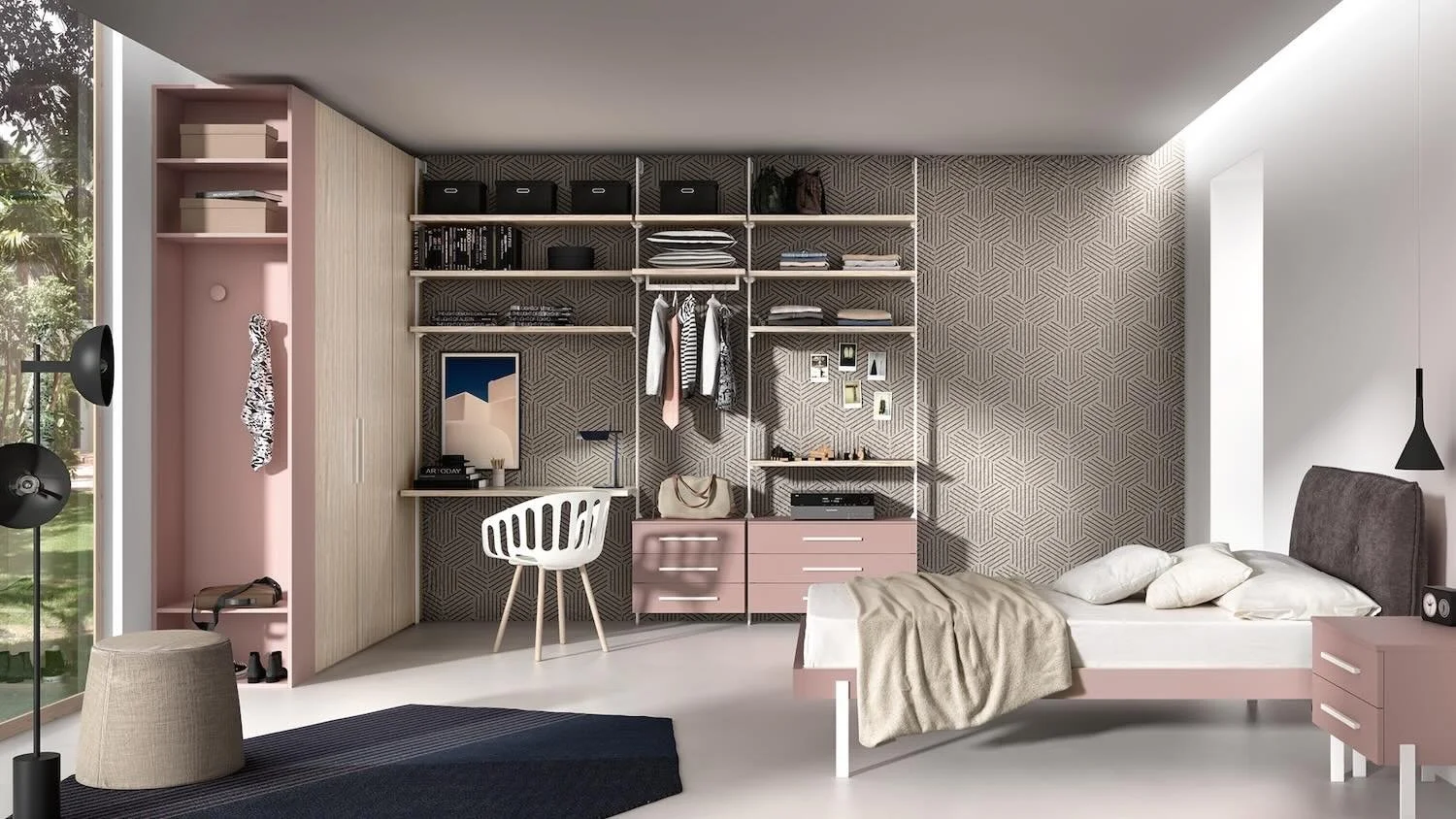 Italian Siloma Set Y01 young bedroom in pink with wardrobe, bed and storage system at ArkNova Interiors Paphos showroom in Cyprus