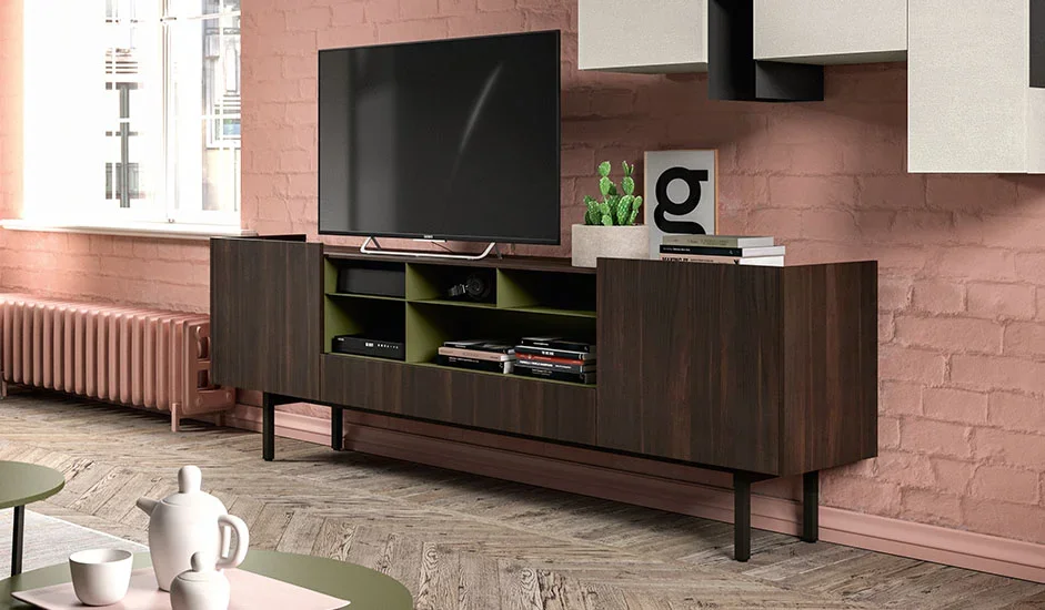 Italian Cinquepuntozero LK04 modern dark wood sideboard with blue drawer accents and open shelving at ArkNova Interiors Paphos showroom in Cyprus