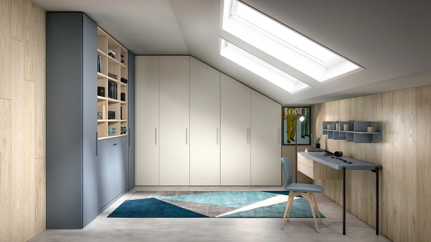 Italian Siloma Set Y05 young bedroom designed for slope ceiling with wardrobe, desk and natural wood finishes at ArkNova Interiors Paphos Cyprus