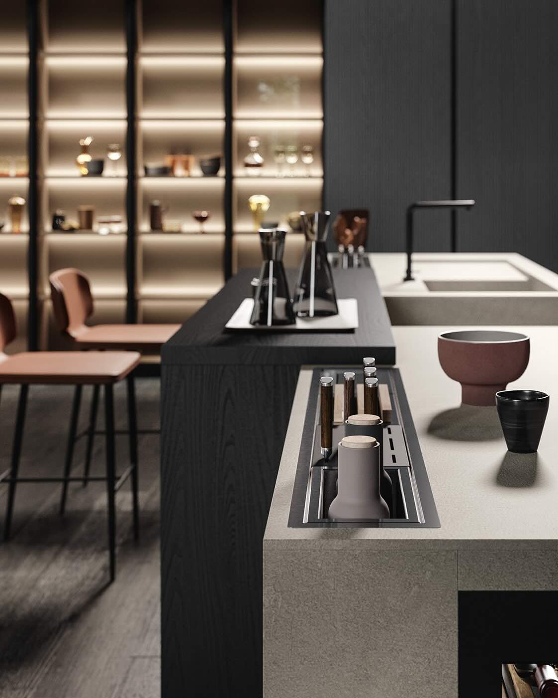 Antares Cucine Skill Box Italian kitchen island featuring black wood finish, concrete-style countertop, integrated sink and bar stools, modern design detail by ArkNova Interiors in Paphos Cyprus