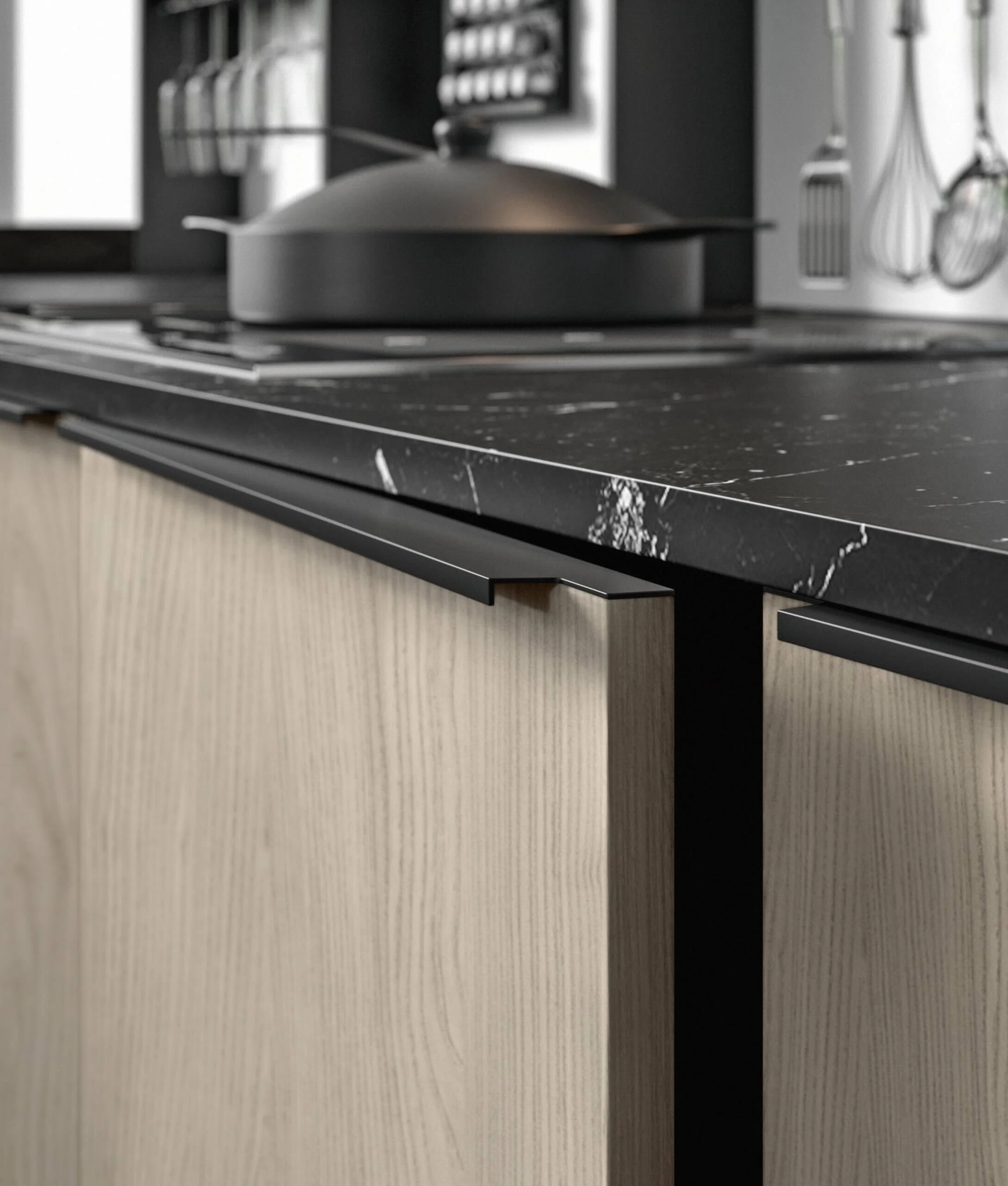 Antares Cucine MK18_L Italian modern kitchen close-up detail of light wood cabinet with sleek black profile handle and black marble countertop at ArkNova Interiors in Paphos Cyprus