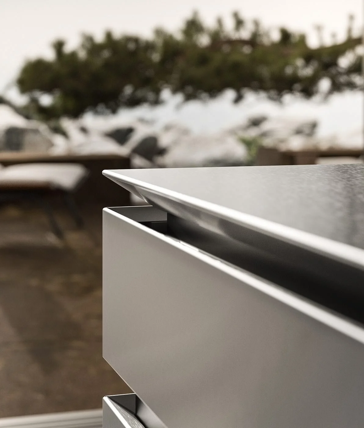 Antares Cucine Mood Italian kitchen drawer detail with dark worktop edge, available at ArkNova Interiors Cyprus