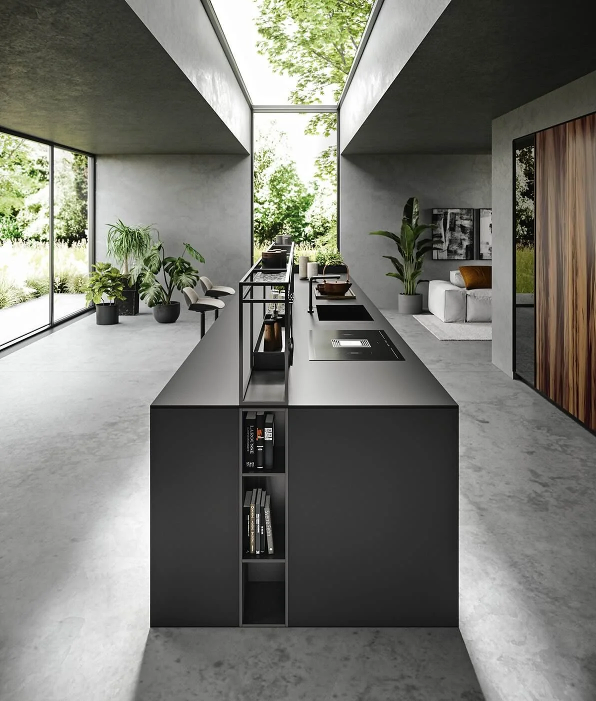 Antares Cucine Sistema Plus Italian contemporary black kitchen with long island, integrated shelving and abundant natural light from skylight in an open-plan space in Paphos, Cyprus – by ArkNova Interiors.