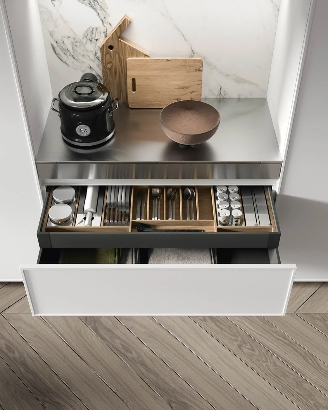 Antares Cucine TK 22 Italian kitchen cutlery drawer with wooden organizers and stainless steel countertop featuring small appliances, Paphos Cyprus by ArkNova Interiors