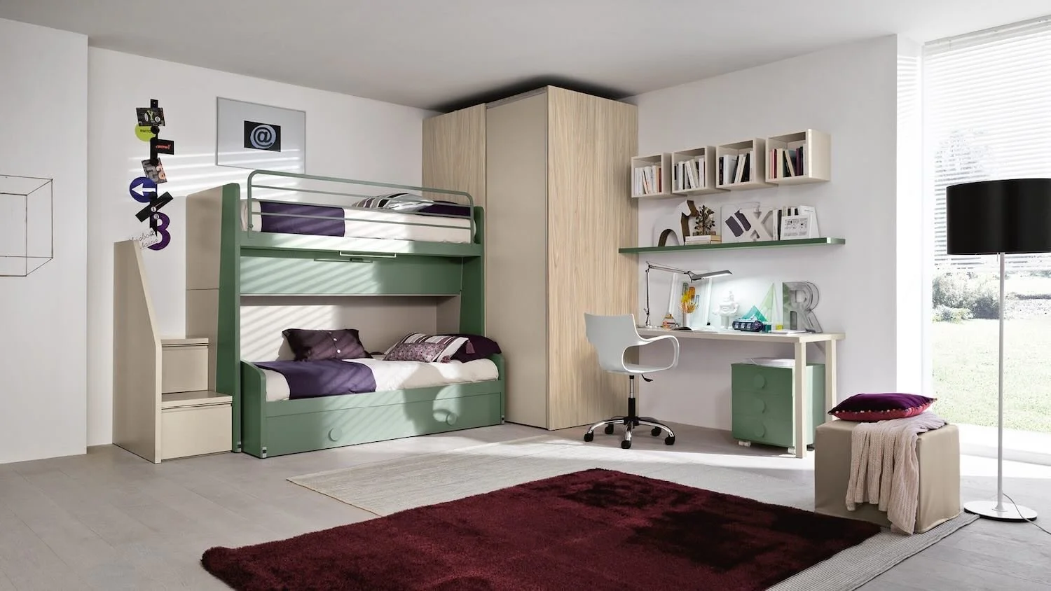 Italian Siloma Set K26 children's bunk bed in green and purple with desk area at ArkNova Interiors Paphos Cyprus