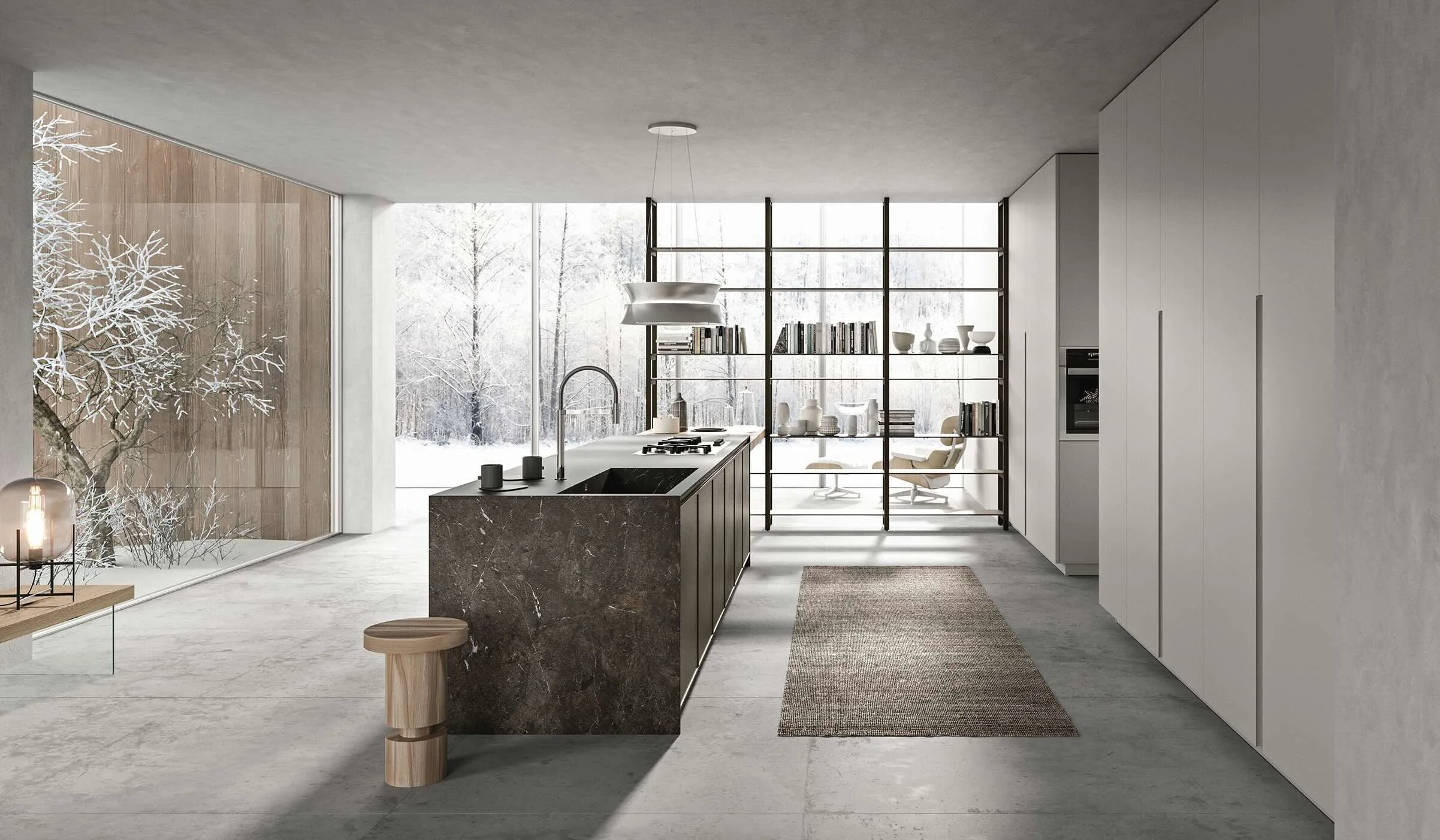 Antares Cucine TK 22 Line Italian modern kitchen full view with dark marble island, handleless cabinetry and large windows overlooking snowy forest in Paphos Cyprus by Arknova Interiors