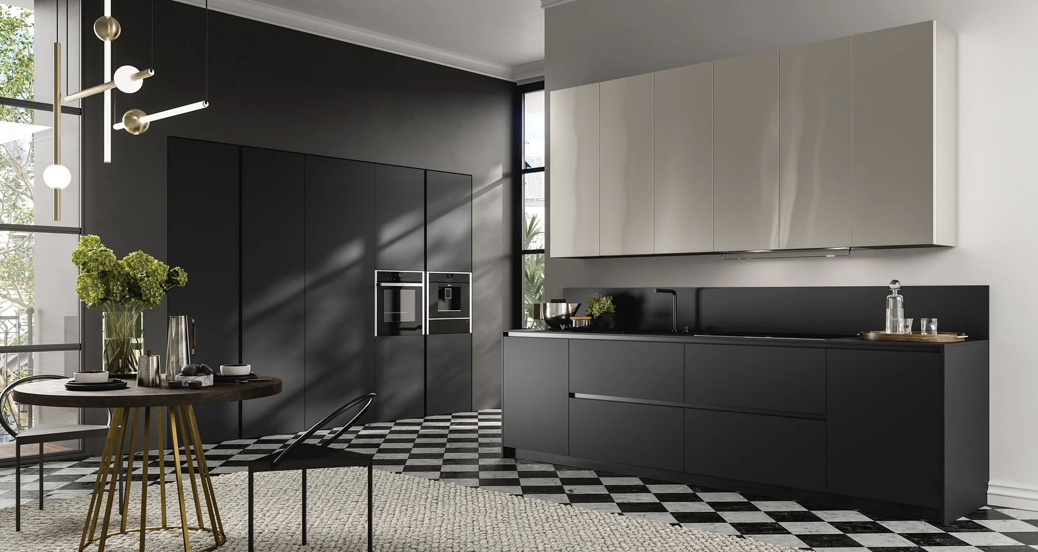 Antares Cucine MK18_P Italian modern kitchen in dark grey with tall wall units, black countertop, integrated appliances and round dining table at ArkNova Interiors in Paphos Cyprus