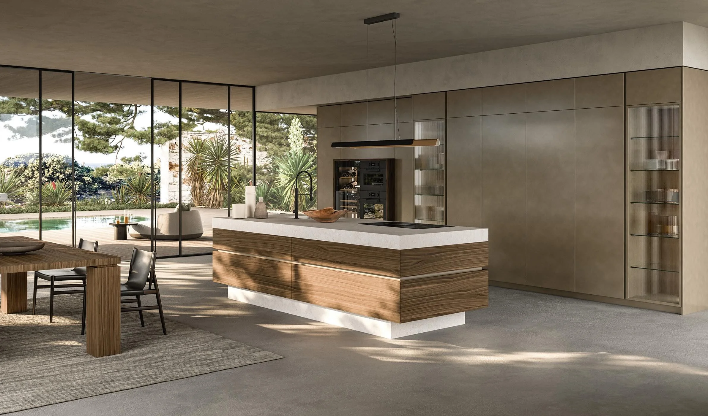 Antares Cucine Sistema Italian kitchen with walnut island and tall taupe cabinets, available at ArkNova Interiors Cyprus