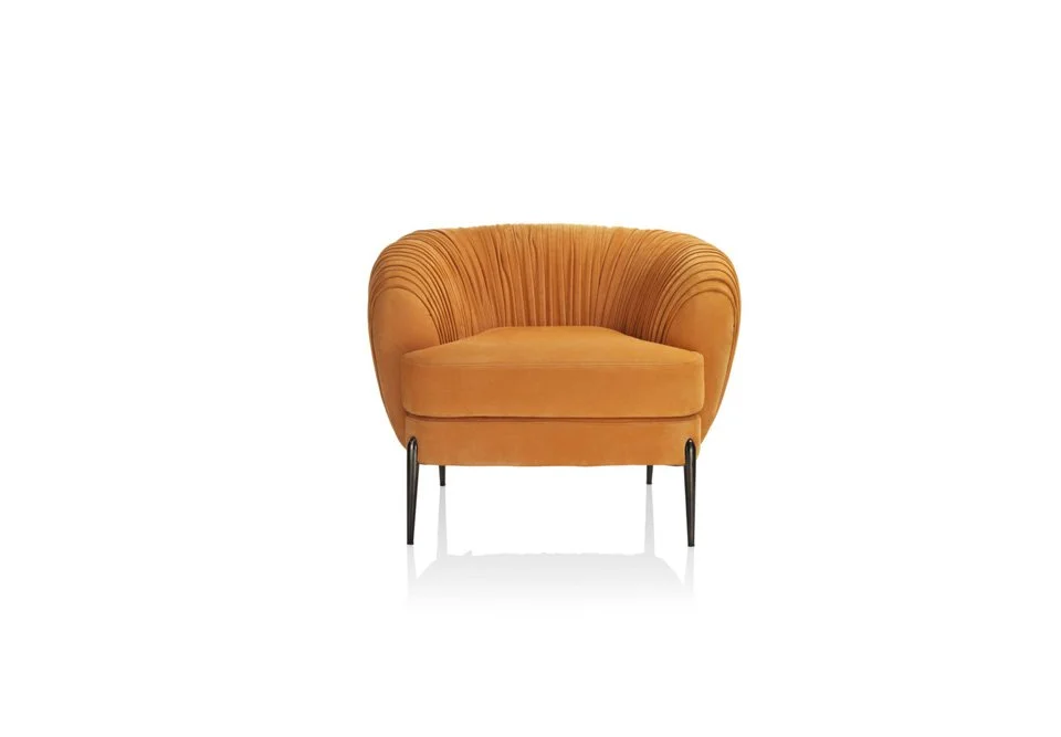 Albani Divani Opera H Italian orange velvet curved armchair at ArkNova Interiors Paphos showroom in Cyprus
