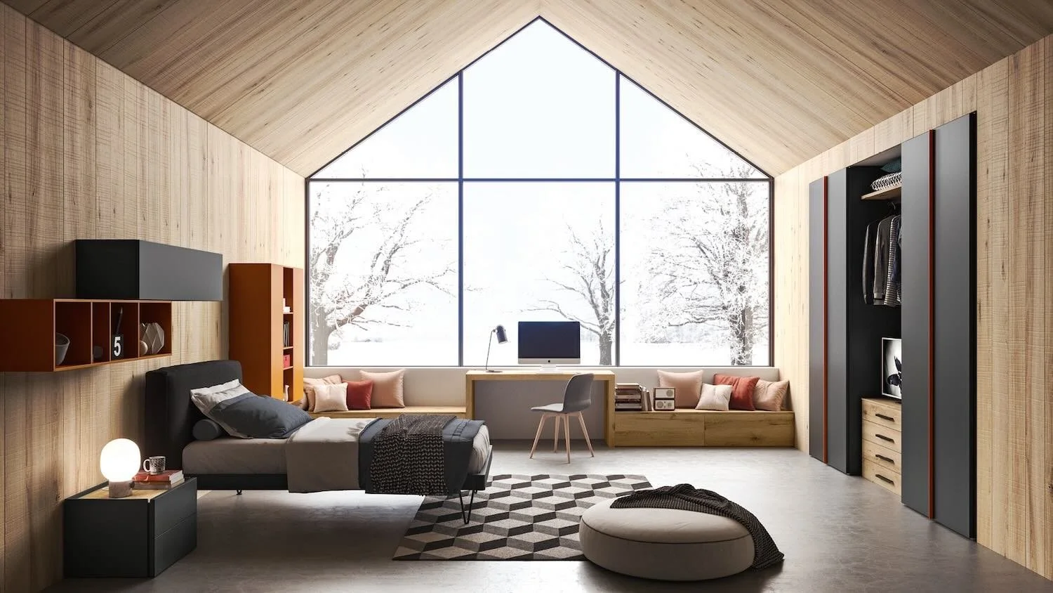 Italian Siloma Set Y06 young bedroom featuring warm wood finishes, large triangular window and cozy loft atmosphere at ArkNova Interiors Paphos showroom
