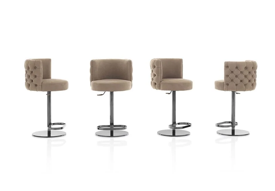 Albani Divani Cosmopolitan Italian beige tufted bar stool with chrome base, modern design at ArkNova Interiors Paphos showroom in Cyprus