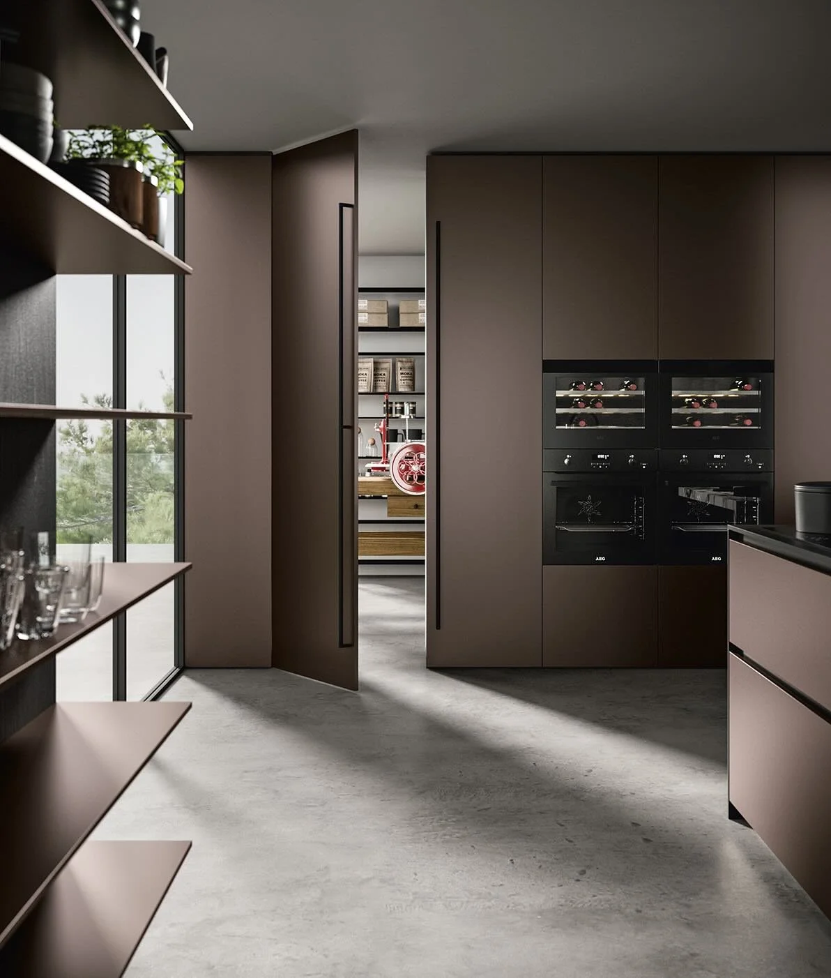 Antares Cucine AS10 EASY PLUS Italian kitchen tall cabinets with built-in AEG ovens, wine coolers and open pantry door, Paphos Cyprus by ArkNova Interiors