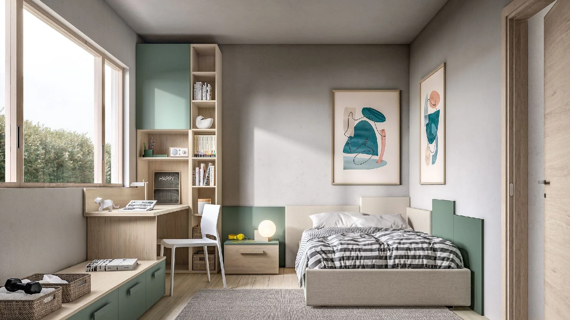 Siloma Set Y03 Italian kids bedroom with green accents, corner desk and modular storage – ArkNova Interiors Cyprus