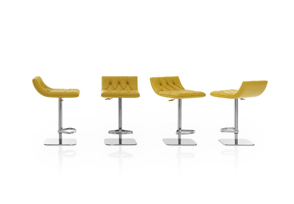 Albani Divani Malibu Italian yellow tufted bar stool with chrome base, vibrant design at ArkNova Interiors Paphos showroom in Cyprus