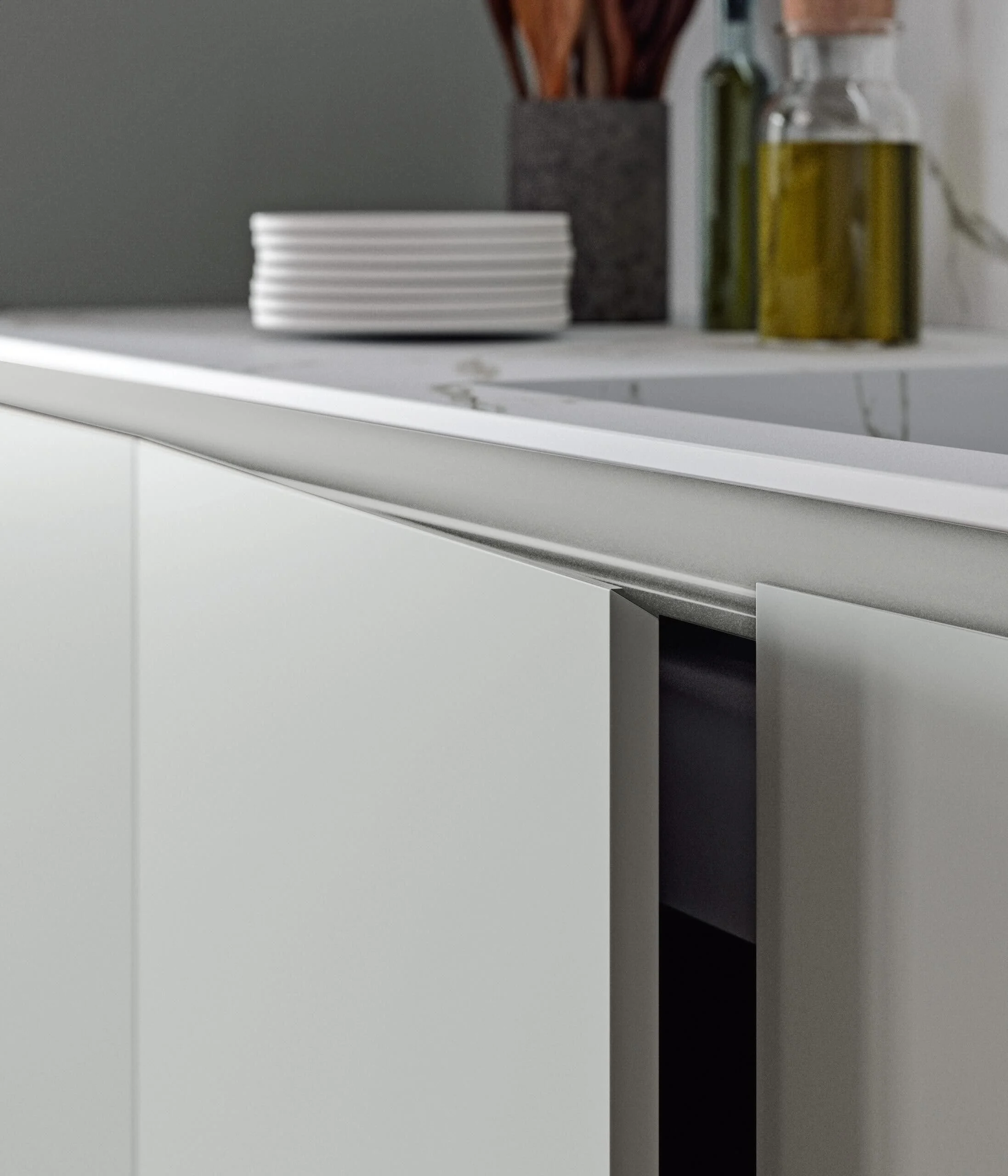 Antares Cucine MK18_P Italian modern kitchen close-up detail of white cabinet with sleek handleless profile and marble countertop at ArkNova Interiors in Paphos Cyprus