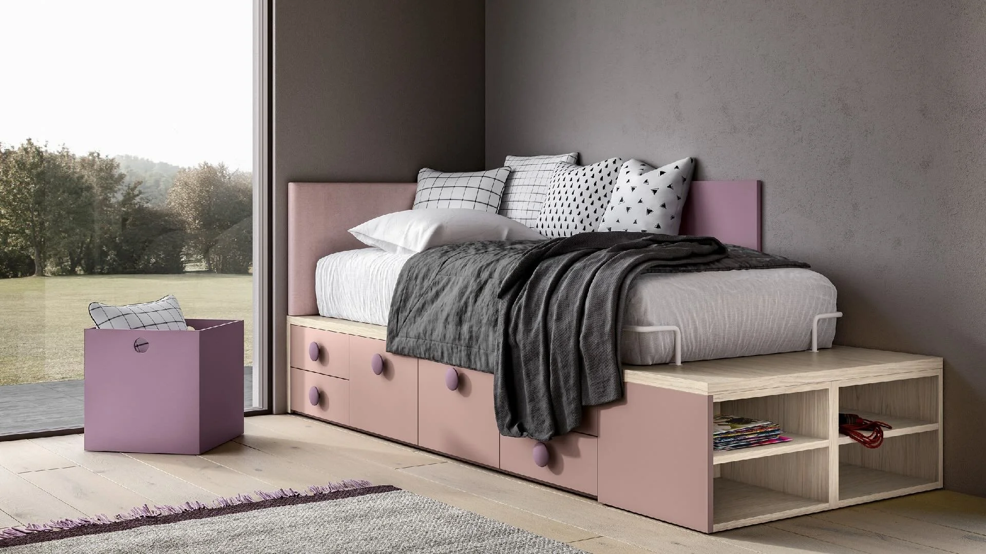 Siloma Set K05 Italian kids bedroom with pink storage bed and under-bed drawers – ArkNova Interiors Cyprus