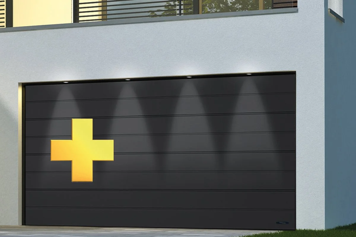 Novoferm Sectional Garage Door ISO 70 Italian dark gray sectional garage door with modern lighting at ArkNova Interiors Paphos Cyprus