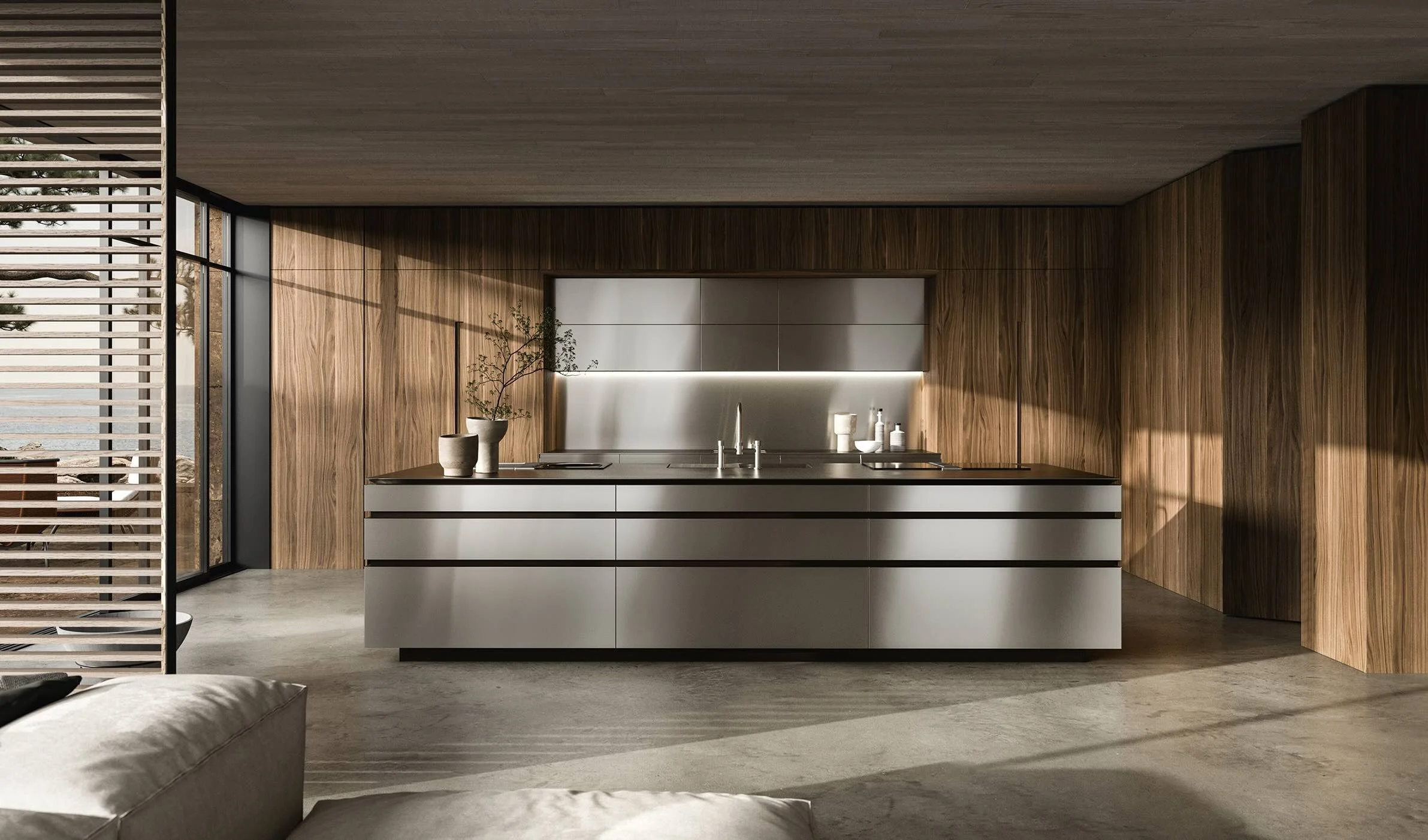 Antares Cucine Mood Italian kitchen with large island, grey drawers and walnut wood wall panels, available at ArkNova Interiors Cyprus