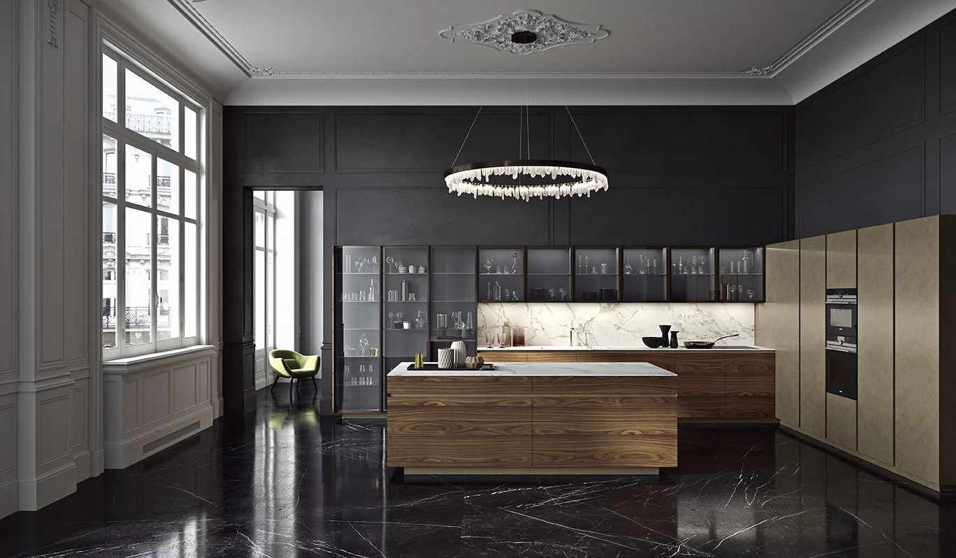 Antares Cucine AK14 Italian kitchen full room view with island, tall cabinets and large windows in Paphos Cyprus by ArkNova Interiors